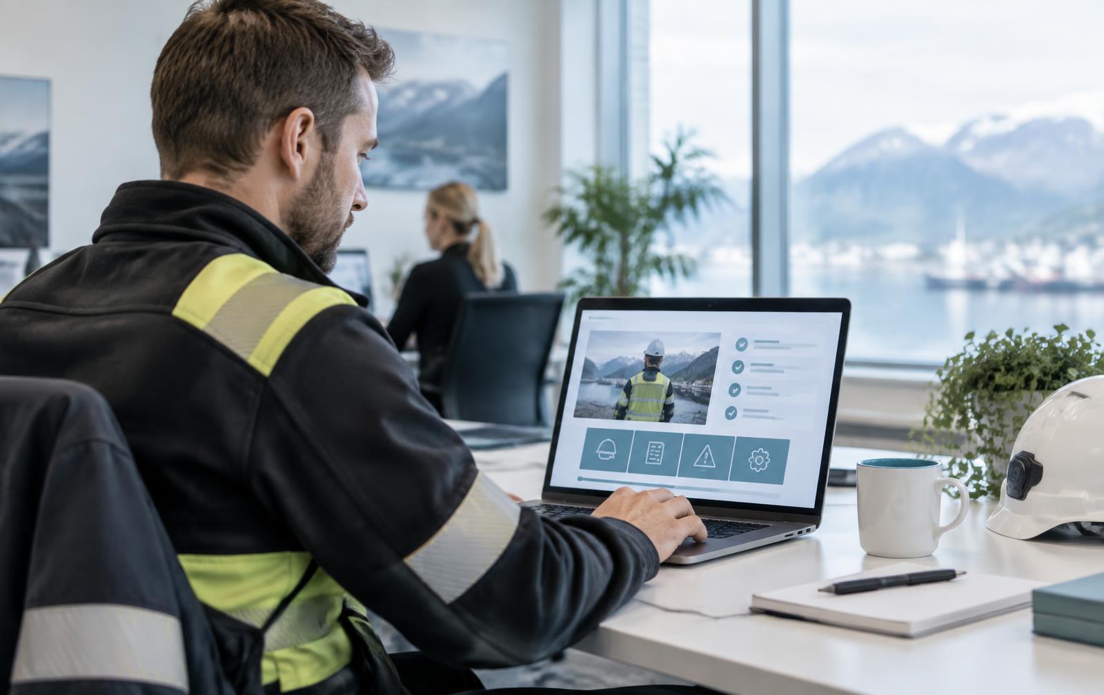 Ansatt som gjennomfører et digitalt sikkerhetskurs på laptop